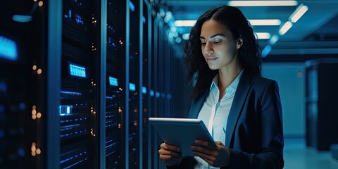 network and data center with a black woman it support engineer working in a dark server room. Computer, cybersecurity and analytics with a female programmer problem solving or troubleshooting
