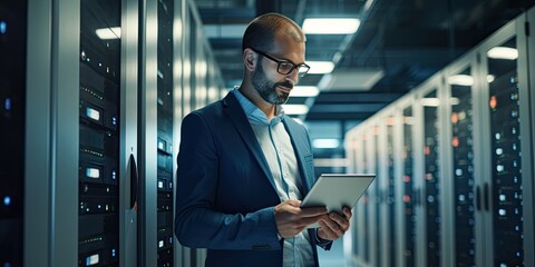 programming, data center and a man with a laptop for maintenance, cyber security and internet check.