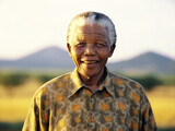 Fototapeta  - Former president Nelson Mandela smiles broadly, radiating hope after his long-awaited release from prison.