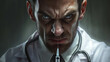 close-up of a very angry doctor in a white coat with a syringe in his hands, which he holds in front of his face