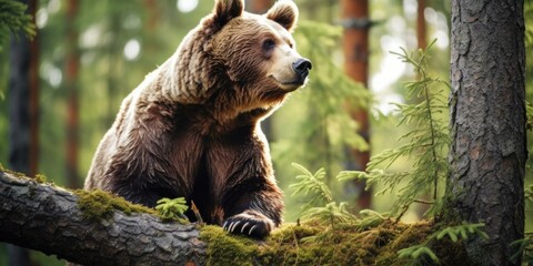 Sticker - A brown bear is sitting on a tree branch. Generative AI.