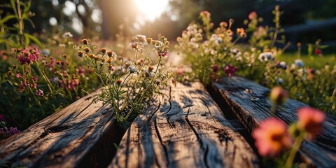 Fondo natural floral de primavera con una tabla de madera en primer