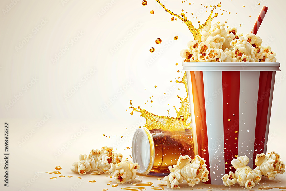 Realistic Movie Cinema Popcorn Bucket and Cola Drink Cup with Splash on White Vector Background Created with Generative AI Tools