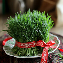 Green Fresh Semeni Sabzi Wheat Grass In White Plate Decorated With Red Ribbon With Wooden Shebeke Pattern, Novruz Spring Equinox Celebration. Made With Generative Ai