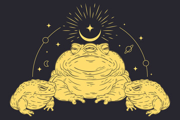 Three toads with abstract spiritual graphic elements in vintage cartoon style. Mystery composition. Vector illustration.