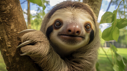 Wall Mural - Wild sloth hanging on tree with funny face and relaxed look, AI Generative.