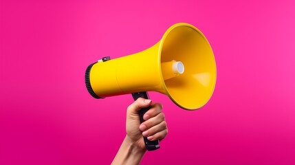 Wall Mural - hand holding bright yellow megaphone on magenta background for advertising campaign