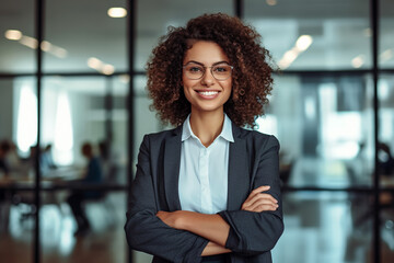 Portrait of successful and happy businesswoman, office worker smiling and looking at camera, working inside modern office.