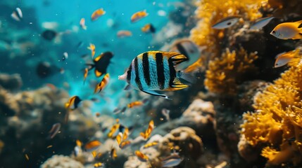 Wall Mural - Captivating close-up shot showcasing a unique ornamental fish gliding through the sea.
