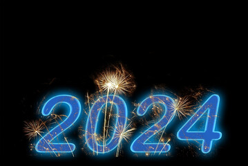 Wall Mural - 2024 blue fireworks on black sky background. Holiday celebration