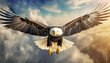 Closeup and front view of an American Bald Eagle flying with spread wings, against a blue sky above the clouds. Generative Ai.