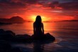 © juliars - Wistful Lonely girl sunset. Female sad ocean. Generate Ai