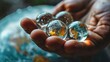 close up a person holding a glass marble balls in the earth map, close up of hand holding a stone