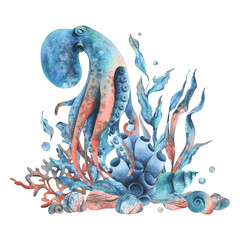 Wall Mural - Underwater world clipart with sea animals octopus, shells, coral and algae. Hand drawn watercolor illustration. Isolated composition on a white background.