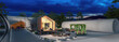 Planung eines energieeffizienten Einfamilienhauses in moderner Scheunenarchitektur mit Garten, Terrasse und Garage bei Nacht (Stadtlandschaft im Hintergrund) - panoramischse 3D Visualisierung