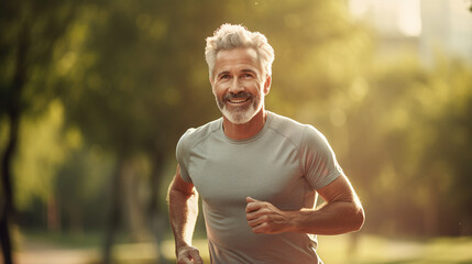 A middle-aged man jogging in the park, he is a person with a good quality of life. Ai generate.