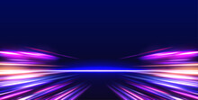 Vector Speed Of Light In Space On Dark Background. Abstract Background In Blue, Yellow And Orange Neon Colors. Magic Of Moving Fast Lines. Laser Beams, Horizontal Light Rays. Particle Motion Effect.	