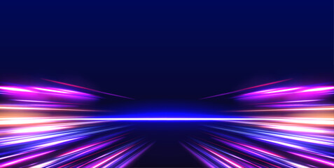 Leinwandbilder - Vector speed of light in space on dark background. Abstract background in blue, yellow and orange neon colors. Magic of moving fast lines. Laser beams, horizontal light rays. Particle motion effect.	