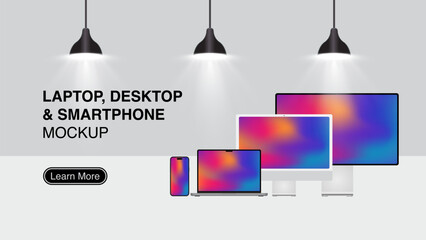 Poster - Modern Laptop, Desktop Computer with Smartphone Front View Mockup website Banner, for UI/UX App and Website Presentation Vector Illustration.