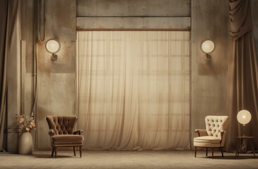 Sticker - A room with two chairs and a curtain. Generative AI.