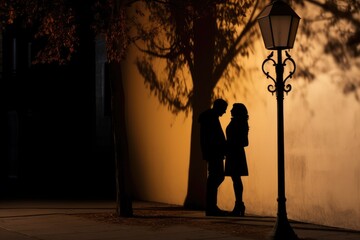 Sticker - Silhouette of a loving couple against the background of a street lamp, A couple's shadows merging into one under a romantic streetlight, AI Generated