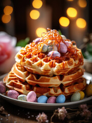 Canvas Print - Easter waffle with easter decoration. And painted colorful eggs decoration.