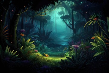 Wall Mural - 3D render of a fantasy scene with a pond surrounded by tropical plants, A dense tropical rainforest with exotic plants and glowing fireflies, AI Generated