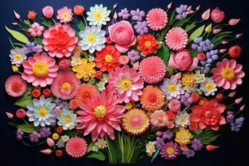 Poster - flower bouquet on blue background. flat lay, top view, a detailed illustration of blooming flowers a