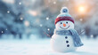 Frosty snowman amidst wintry backdrop, seasonal joy and charm.