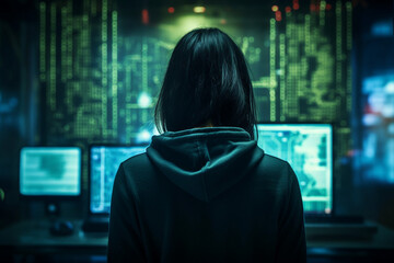 Generative AI portrait hacker in dark room secret organization community specialists
