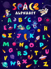 Poster - Cartoon space alphabet vector poster. Kid astronauts and aliens characters, galaxy planets, rocket, UFO and spaceship, english abc letters on space sky background. Astronomy science kids education