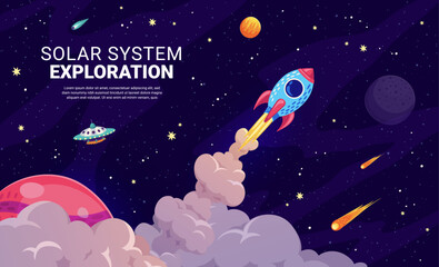 Wall Mural - Rocket launch to galaxy space, fast start theme with rocket and chemtrail clouds, vector background. Solar system exploration cartoon poster with spaceship shuttle launch to outer space planets