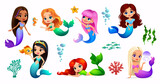 Fototapeta Pokój dzieciecy - Cartoon mermaid characters of cute little sea princess with ocean water animals. Vector personages of fairy underwater girls, mermaids with fish, seahorse, starfish and corals, jellyfish and seaweed