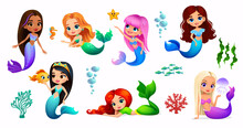 Cartoon Mermaid Characters Of Cute Little Sea Princess With Ocean Water Animals. Vector Personages Of Fairy Underwater Girls, Mermaids With Fish, Seahorse, Starfish And Corals, Jellyfish And Seaweed