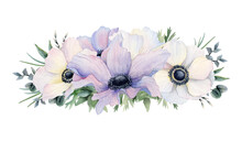 Pastel Purple And White Anemone Flowers Horizontal Wedding Banner With Eucalyptus Branches And Grass Watercolor Floral Illustration Isolated On White. Field Poppy For Spring Designs