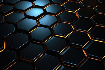 Poster - 3d rendering of abstract background with hexagons in black and orange, Futuristic, high-tech dark background with a triangular block structure, AI Generated