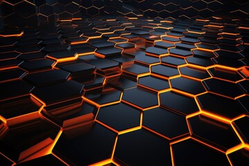 Poster - Black and orange hexagon background. 3d rendering, 3d illustration, Futuristic, high-tech dark background with a triangular block structure, AI Generated