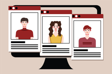 Wall Mural - Group of young people on computer screen. Vector illustration in flat style.