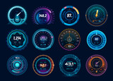 Fototapeta  - Speedometer neon dial, car and internet traffic speed gauge dashboard, futuristic counter interface, vector HUD elements. Digital charge, speed meter and connection test indicators, race sport game