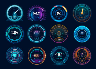 Speedometer neon dial, car and internet traffic speed gauge dashboard, futuristic counter interface, vector HUD elements. Digital charge, speed meter and connection test indicators, race sport game