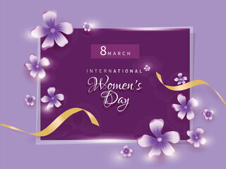 Poster - 8th March, Happy Women's Day Card or Poster Design Decorated with Beautiful White and Purple Flowers.