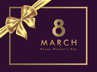 Canvas Print - 8th March, Happy Womens Day Elegant Card Design with Glossy Golden Bow Ribbon.