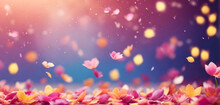 Spring Holidays, Falling Flower Petals, Abstract Color Gradient Background, Bokeh Effect. For Greeting Cards, Banner.