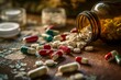 Píldoras y cápsulas médicas derramadas de frasco en mesa de madera, concepto de salud