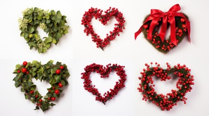 Wall Mural - Four heart-shaped Christmas wreaths isolated on white background.