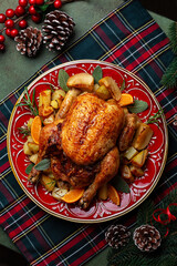 Sticker - Overhead view of Christmas or New Year feast, roasted chicken stuffed with apples and oranges and served on a beatiful red plate with baked potatoes, sage and rosemary, on a tartan napkin. Vertical.