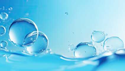 Wall Mural - bubbles in water on blue background, transparent cosmetic blue gas bubbles under water. features sparkling water bubbles against a vivid blue backdrop. for spa advertisements, aquatic-themed designs, 