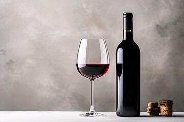 Wall Mural - red wine bottle and glass on dark bacground, copy space