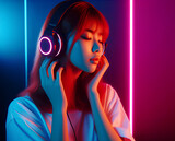 Fototapeta Pokój dzieciecy - A beautiful girl enjoys listening to music with headphones, neon pink and blue disco lighting, ai generative