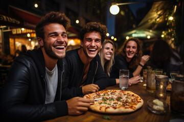 Happy young friends eating pizza in a restaurant